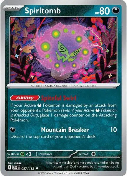 Pokémon trading card featuring Spiritomb with colorful design and text.