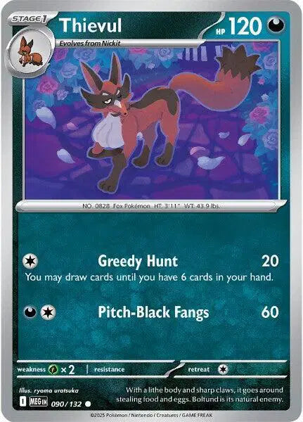 Pokémon trading card featuring Thievul with character details and stats.