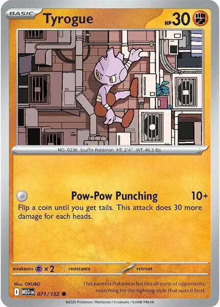 Tyrogue Pokémon trading card with character illustration and text