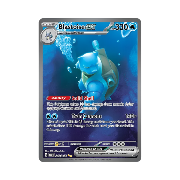 Pokémon trading card featuring Blastoise ex on a blue background