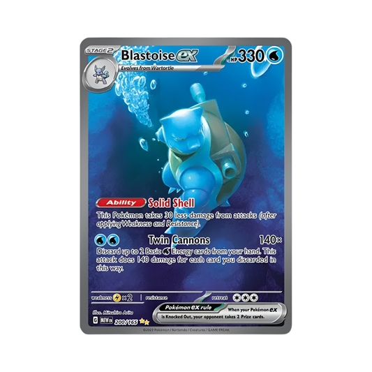 Pokémon trading card featuring Blastoise ex on a blue background