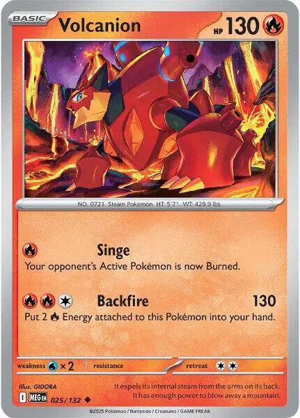 Pokémon trading card featuring a red and orange creature with flames, labeled 'Volcanion'.