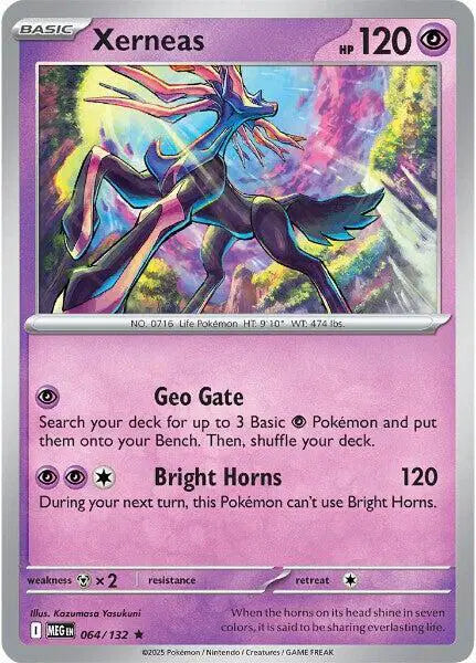 Pokémon trading card featuring Xerneas with colorful design and text.