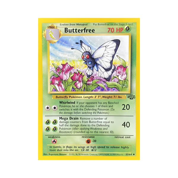 Butterfree Pokémon trading card with butterfly illustration on a colorful background