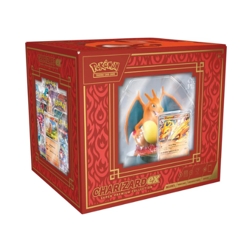 A boxed Pokémon TCG: Charizard ex Super-Premium Collection featuring a Charizard figure, foil promo card, and ten booster packs.