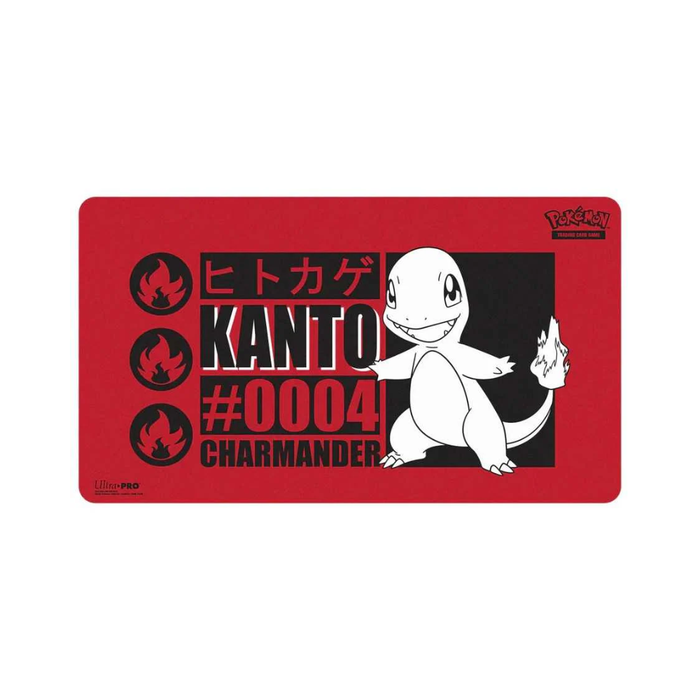 Pokémon Charmander playmat with Kanto branding on a red background