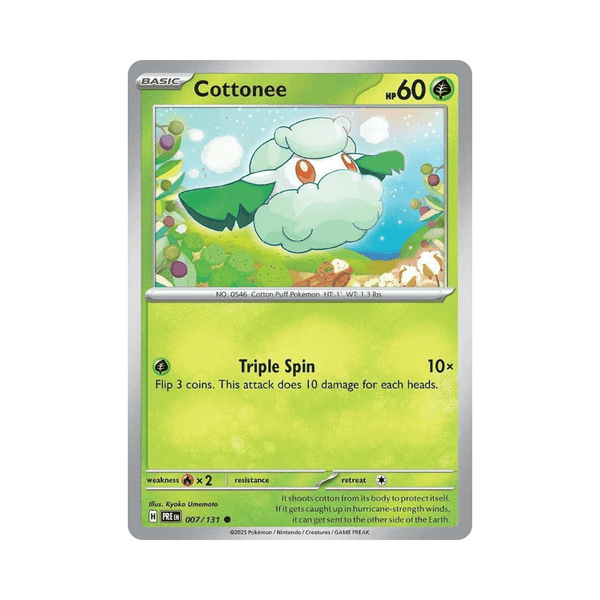 Cottonee Common card 007/131 from Prismatic Evolutions featuring a Grass-type Pokémon in Near Mint condition.