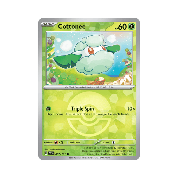 Cottonee reverse holo card from Prismatic Evolutions, Common rarity, 007/131, featuring Grass-type Pokémon.