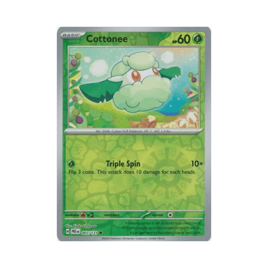 Cottonee Reverse Holo card from Prismatic Evolutions, Grass-type, card number 007/131, near mint condition.