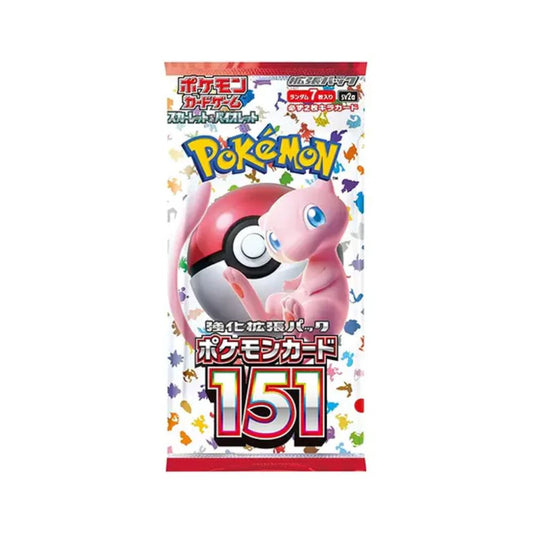 Japanese Pokémon 151 Booster Pack featuring Mewtwo and Poké Ball design, contains 7 collectible cards from the Kanto generation.