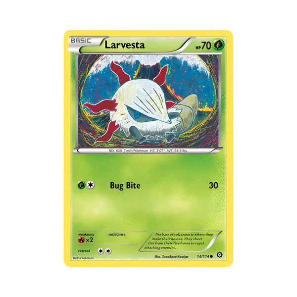 Pokémon trading card featuring Larvesta with a colorful design on a white background