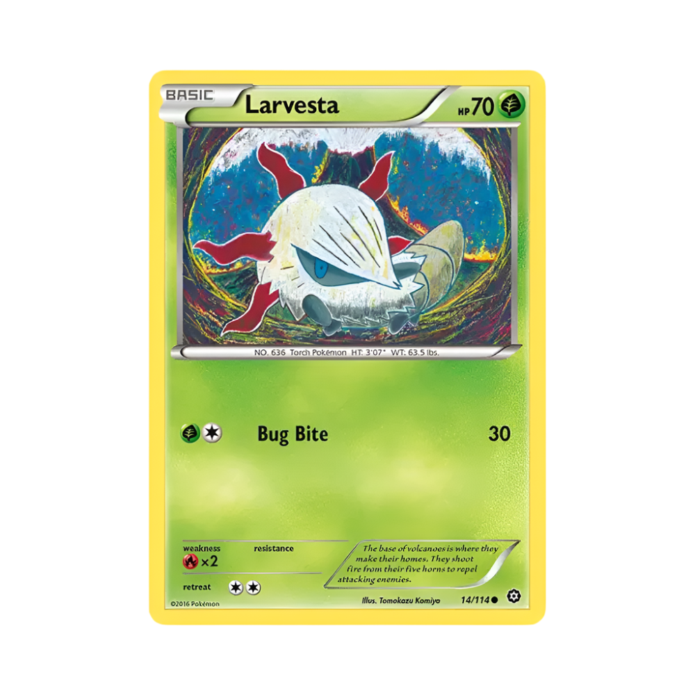 Pokémon trading card featuring Larvesta with a colorful design on a white background