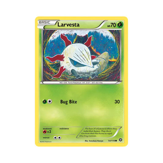 Pokémon trading card featuring Larvesta with a colorful design on a white background