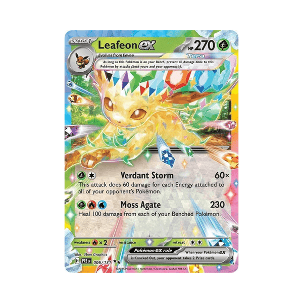 Leafeon ex card from Prismatic Evolutions, Double Rare, Grass-type Pokémon, card number 006/131, near mint condition.