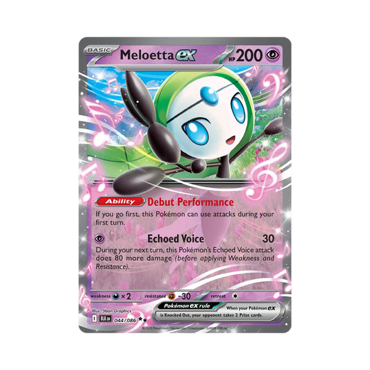 Pokémon trading card featuring Meloetta ex with musical notes on a white background