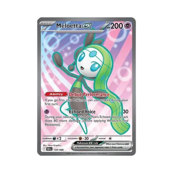 Meloetta EX trading card with a pink and purple gradient background