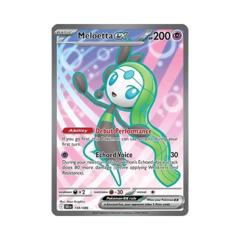 Meloetta EX trading card with a pink and purple gradient background