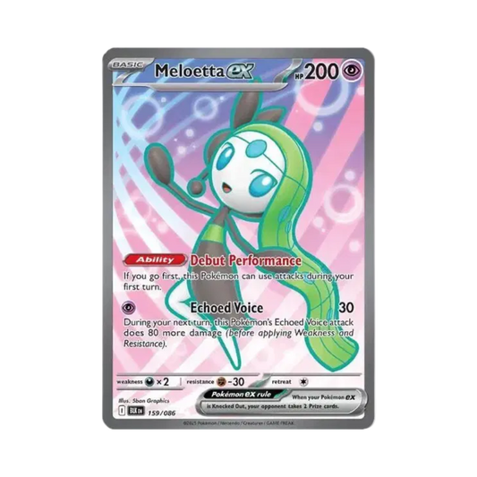 Meloetta EX trading card with a pink and purple gradient background