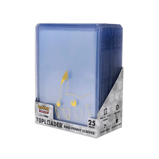 Pokémon card packaging with a toploader and penny sleeves on a white background