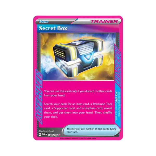 Trading card featuring a 'Secret Box' item with a pink border and blue text on a white background.