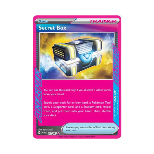 Trading card featuring a 'Secret Box' item with a pink border and blue text on a white background.