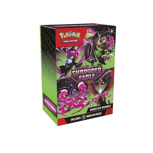 Pokémon Scarlet & Violet Shrouded Fable Booster Bundle box featuring vibrant artwork and includes 6 booster packs.