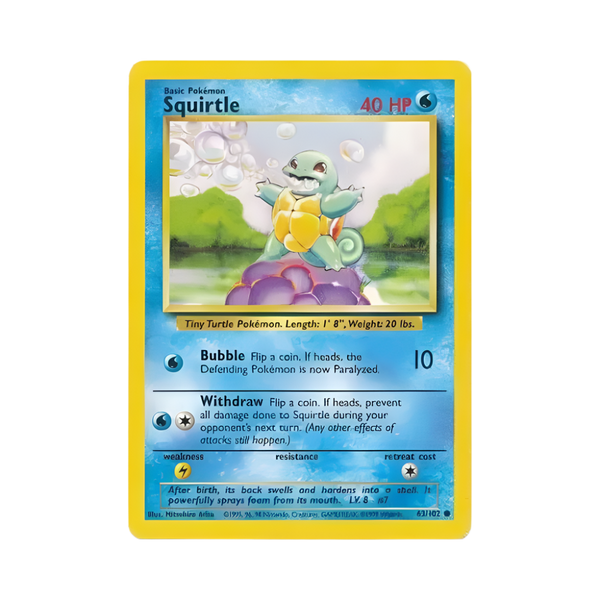 Squirtle Pokémon trading card with yellow border and green grass background